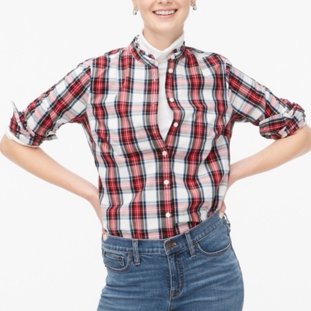 J. Crew Tartan Plaid Button Front Top With Ruffled Collar
